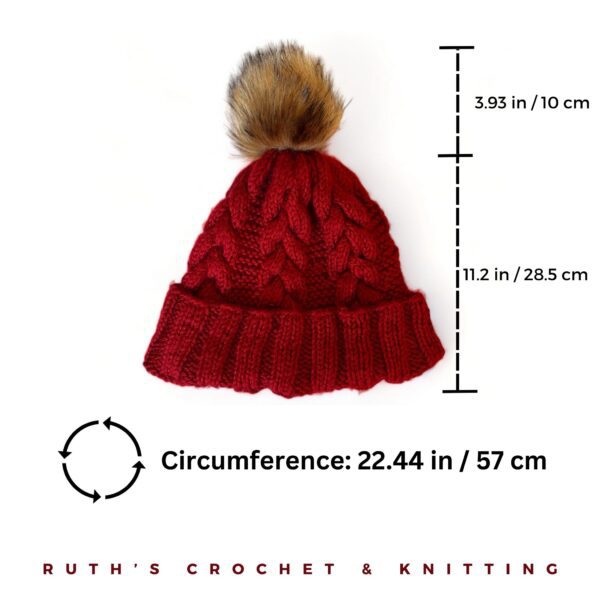 Faux Fur Pom Beanie with Braid - Red - Image 2