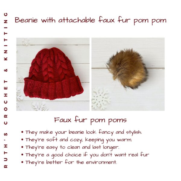 Faux Fur Pom Beanie with Braid - Red - Image 3