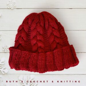 Handmade Knitted Winter Skull Cap Beanie with Braid - Red