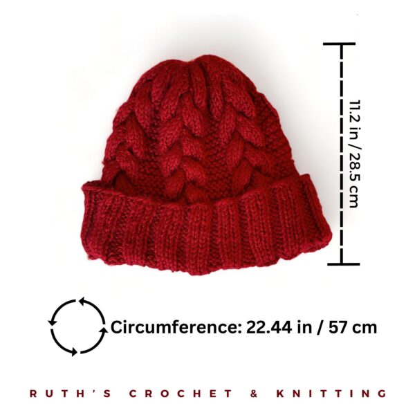 Handmade Knitted Winter Skull Cap Beanie with Braid - Red - Image 2