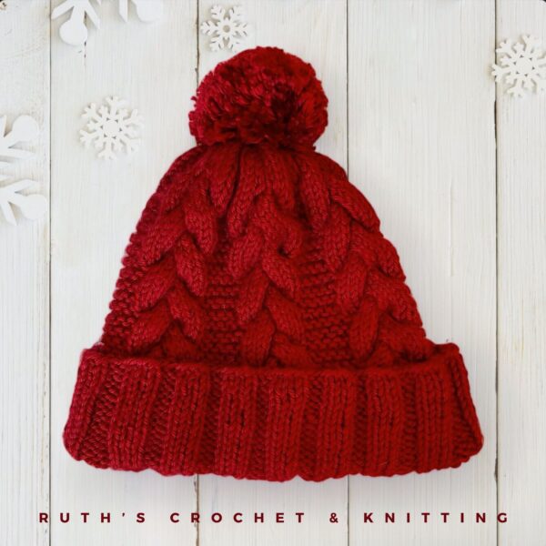 Yarn Pom Beanie with Braid - Red