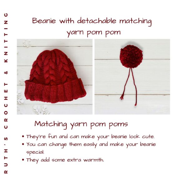 Yarn Pom Beanie with Braid - Red - Image 5