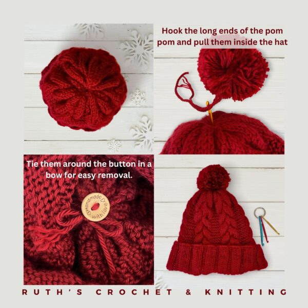 Yarn Pom Beanie with Braid - Red - Image 4