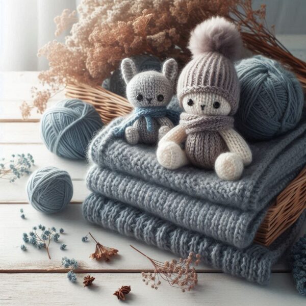 AI-generated image - Care and Maintenance - Two crocheted dolls on knitted blankets, surrounded by yarn balls and dried flowers.