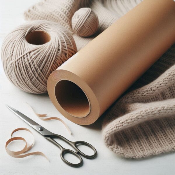 AI-generated image - How products are packed - A roll of brown kraft paper, beige yarn balls, scissors and cut paper strip, and a beige knitted blanket in the background.