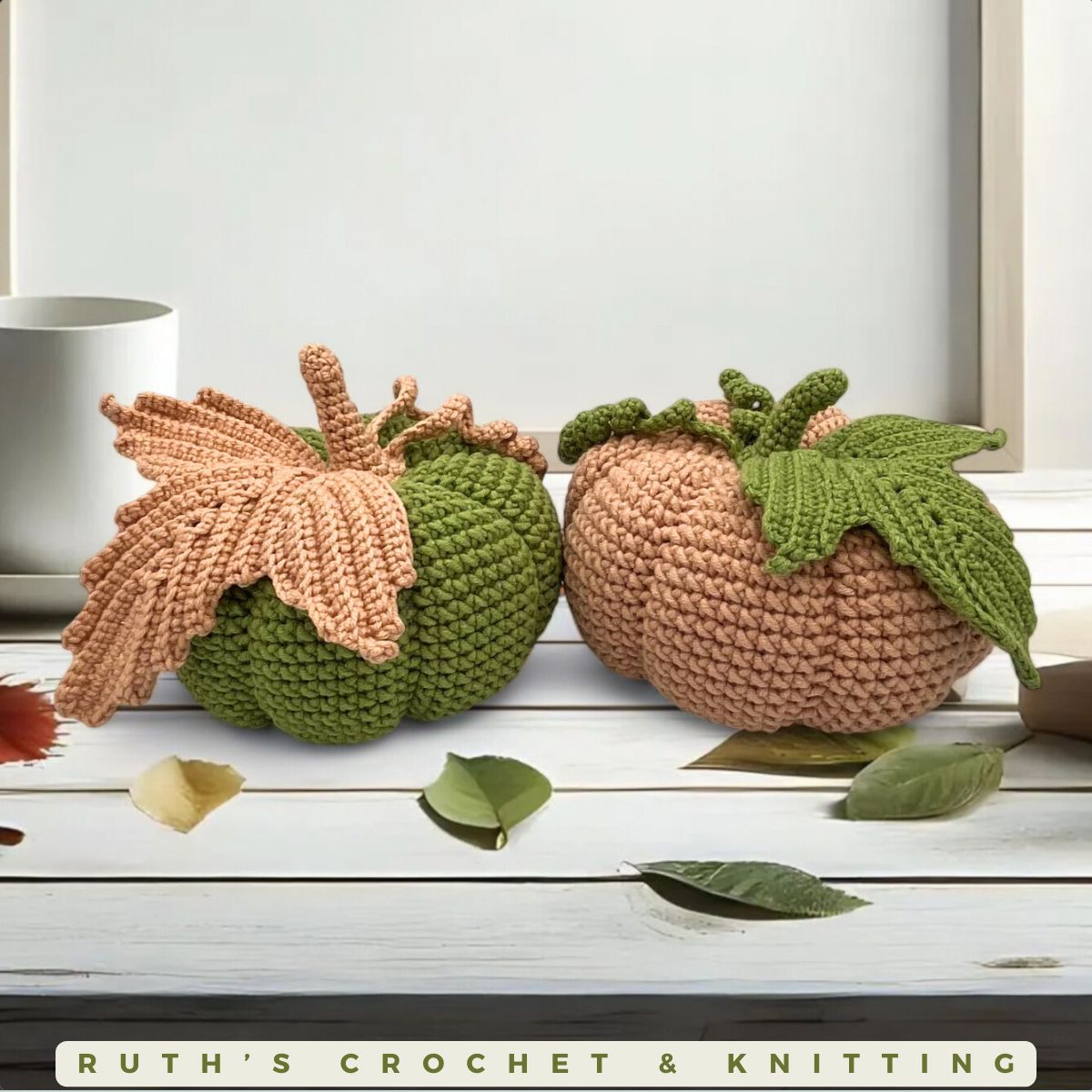 Handmade Crocheted Pumpkin Set | Green & Beige Décor