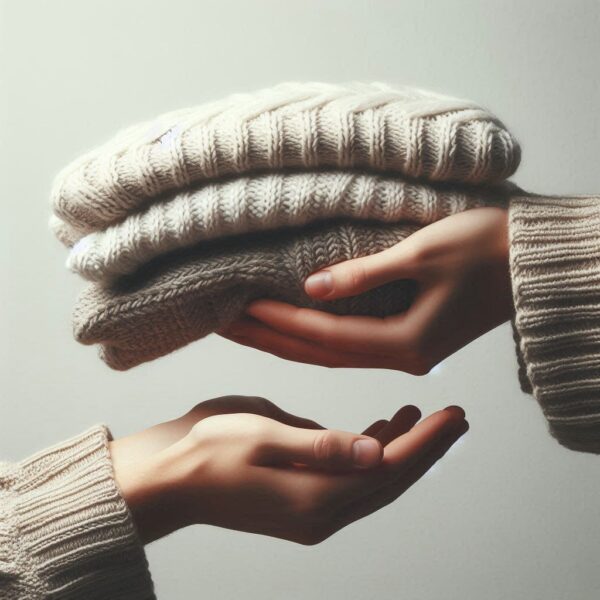 AI-generated image - Returns - Two hands holding knitted scarves, while another pair of hands receives them.