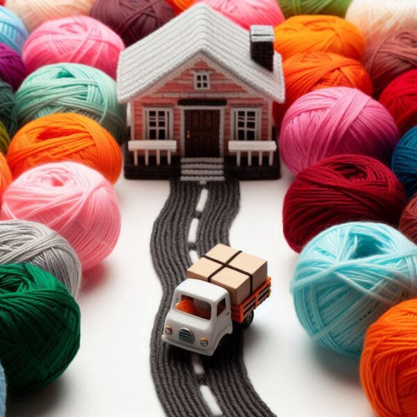 AI-generated image - Shipping and Delivery - A miniature house surrounded by colorful yarn balls, with a black thread path and a toy truck with boxes on the path.