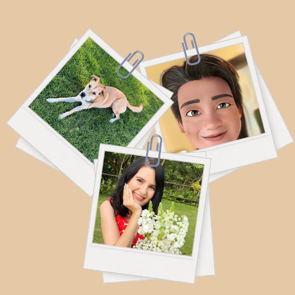 Shop members - Image of three overlapping photographs: Mamba, a light brown dog on the grass, a caricatured image of Franklin, and Ruth outdoors.