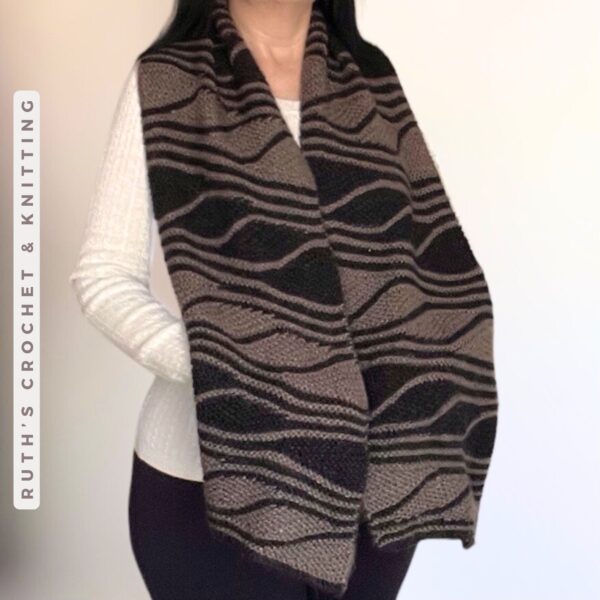 Handmade Wavy Knitted Scarf - Dark Taupe & Black - Image 3