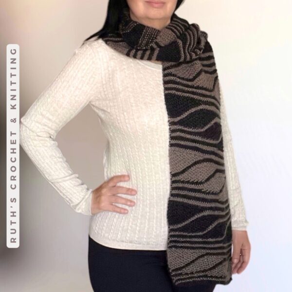 Handmade Wavy Knitted Scarf - Dark Taupe & Black - Image 2