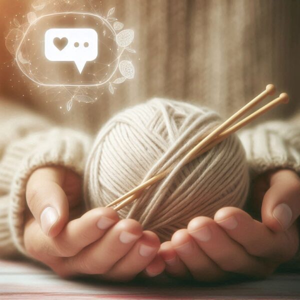 AI-generated image - Support - A pair of hands holding a beige yarn ball with two knitting needles inserted, with a speech bubble and heart icon in the top left corner.