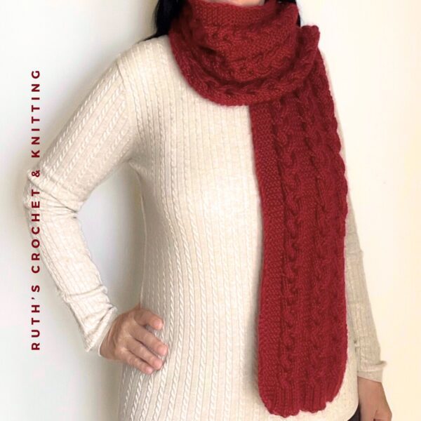 Red Knitted Scarf with Three Braids - Image 2