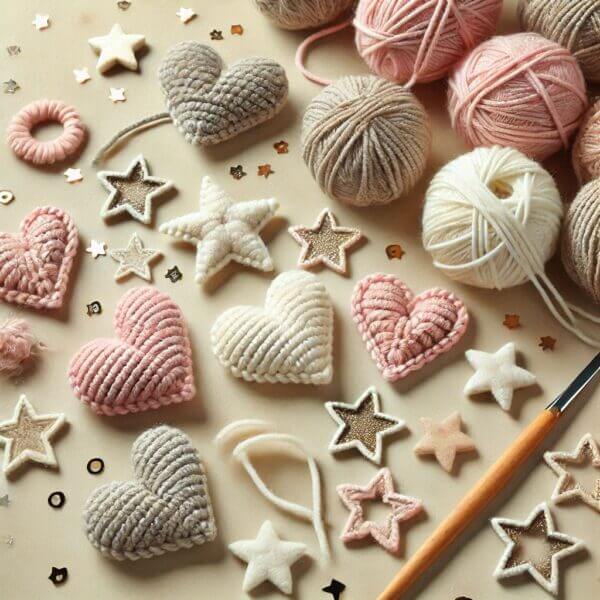 AI-generated image - Customer Reviews - Craft materials collection: balls of yarn in various colors, crocheted hearts, crocheted stars, wooden knitting needle, and small ornaments.