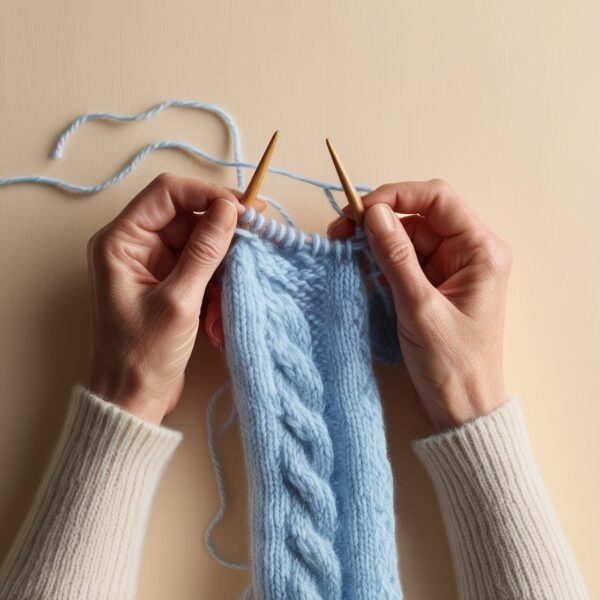 AI-generated image - Processing time - Hands knitting with light blue yarn and wooden needles, creating a braid pattern.