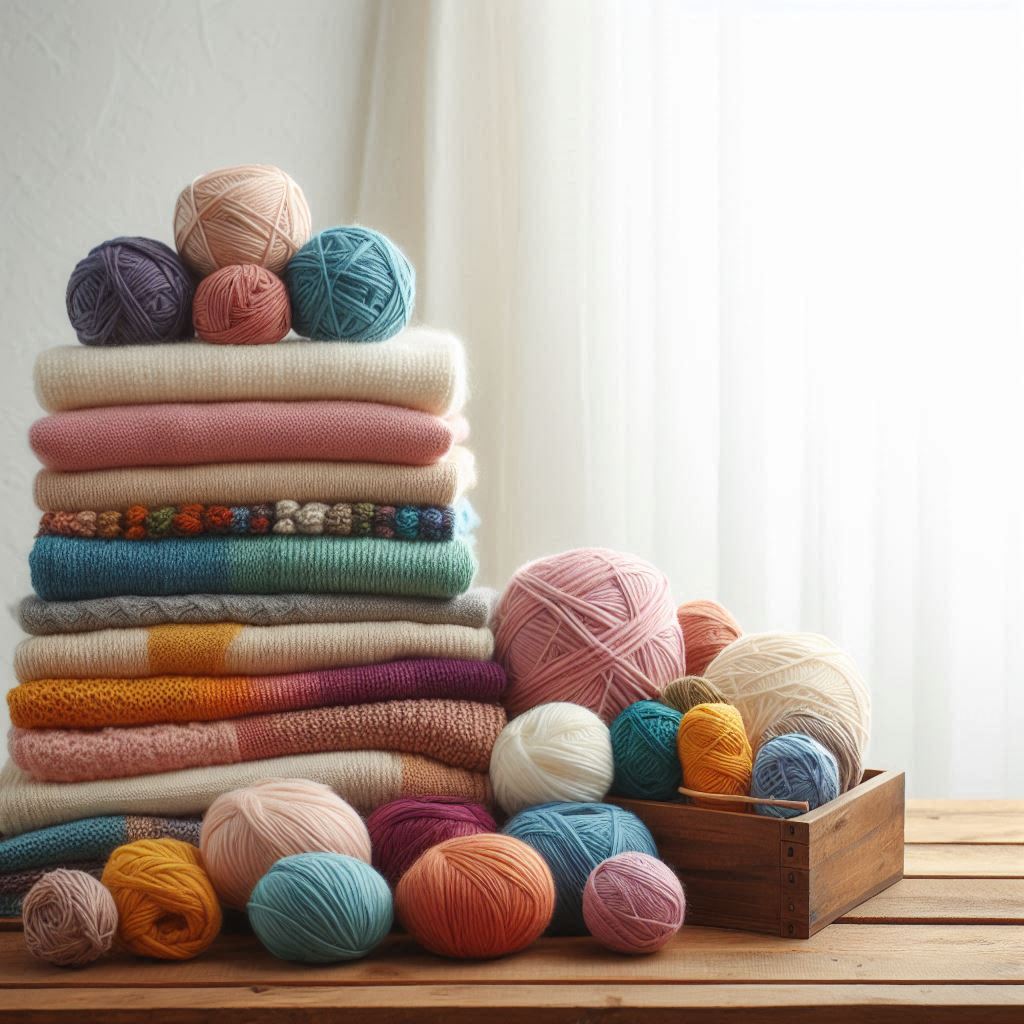 AI-generated image - Shop - A stack of knitted scarves in various colors with thread balls in different shades around them. Soft light coming through a window illuminates the background.